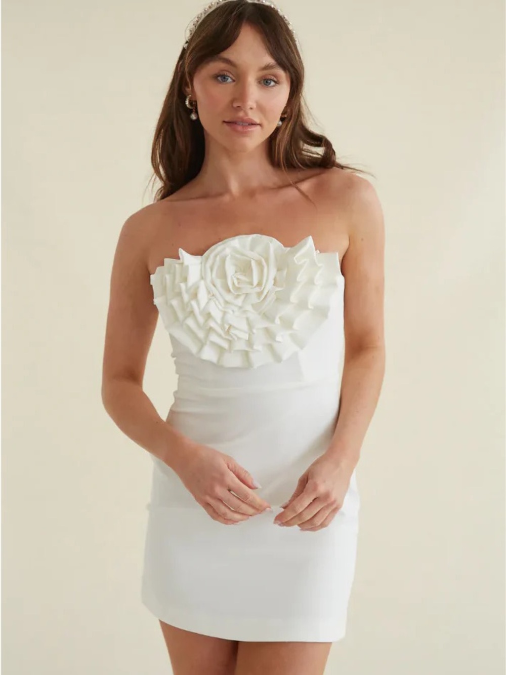 DO+BE Strapless White Mini Dress with Floral Ruffle Bodice
